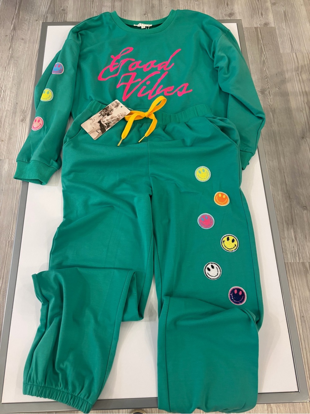 Hannah Banana Good Vibes Teal Sweatshirt & Joggers Set with Smile Patch Accents